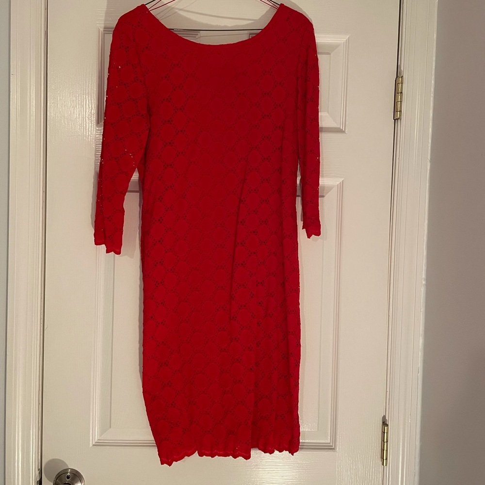 Beautiful red dress with 3/4 sleeves and gold zip detail up the back